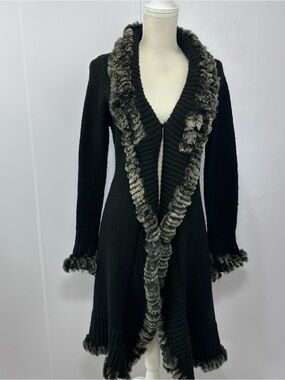 Alberto Makali Black Cardigan Coat with Gray Faux Fur Trim